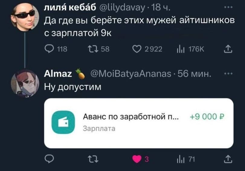 лиля кебаб Да где вы берёте этих мужей айтишников с зарплатой Almaz Ну допустим Аванс по заработной +9 000 2 Зарплата о