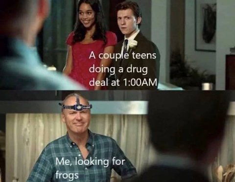 A couple teens doing a drug deal at 1 Me, looking for frogs