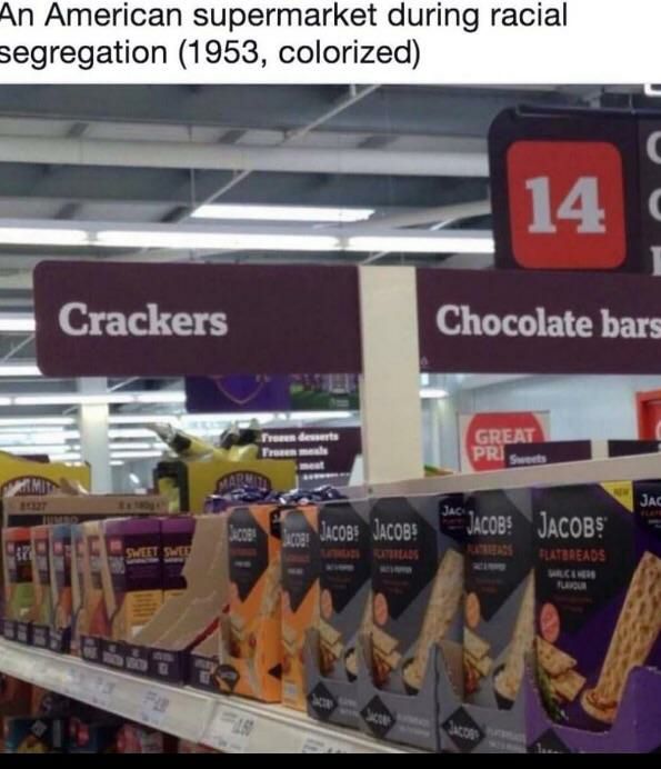 An American supermarket during racial segregation (1953, colorized) Crackers Chocolate bars