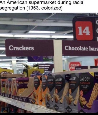 An American supermarket during racial segregation (1953, colorized) Crackers Chocolate bars
