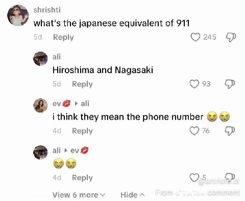 shrishti the japanese equivalent of 911 Reply 245 ali Hiroshima and Nagasaki Reply 93 ali i think they mean the phone number Reply 76 ali Reply View 6 more
