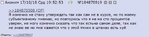 [С] Аноним 17/10/18 Срд 19:52:53 #9 >>184870508 Я конечно не стану утверждать так как сам не в курсе, но по моему субъективному мнению, но повторюсь что я не на сто процентов уверен, не могу конечно с