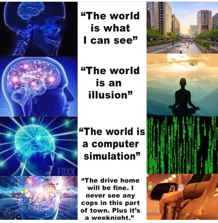 “The world is what I can see” 4 “The world is an illusion” “The world is a computer simulation” “The drive поте uae will be fine. I never see any cops in this part в of town. Plus it’s a a weekniaht.”