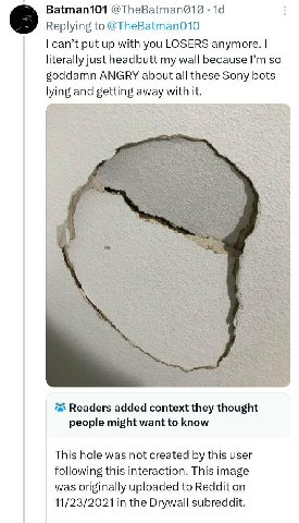 Batman101 Replying to @ТпеВа\тап010 can’t put up with you LOSERS anymore. literally just headbutt my wall because so goddamn ANGRY about all these Sony bots lying and getting away with it. ‘a Readers 