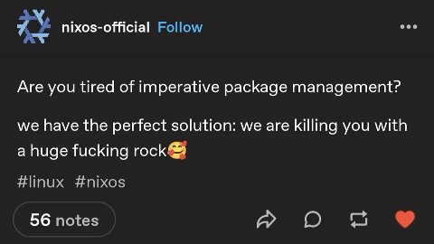 nixos-official Follow Are you tired of imperative package management? we have the perfect solution: we are killing you with a huge fucking rock #linux #nixos 56 notes