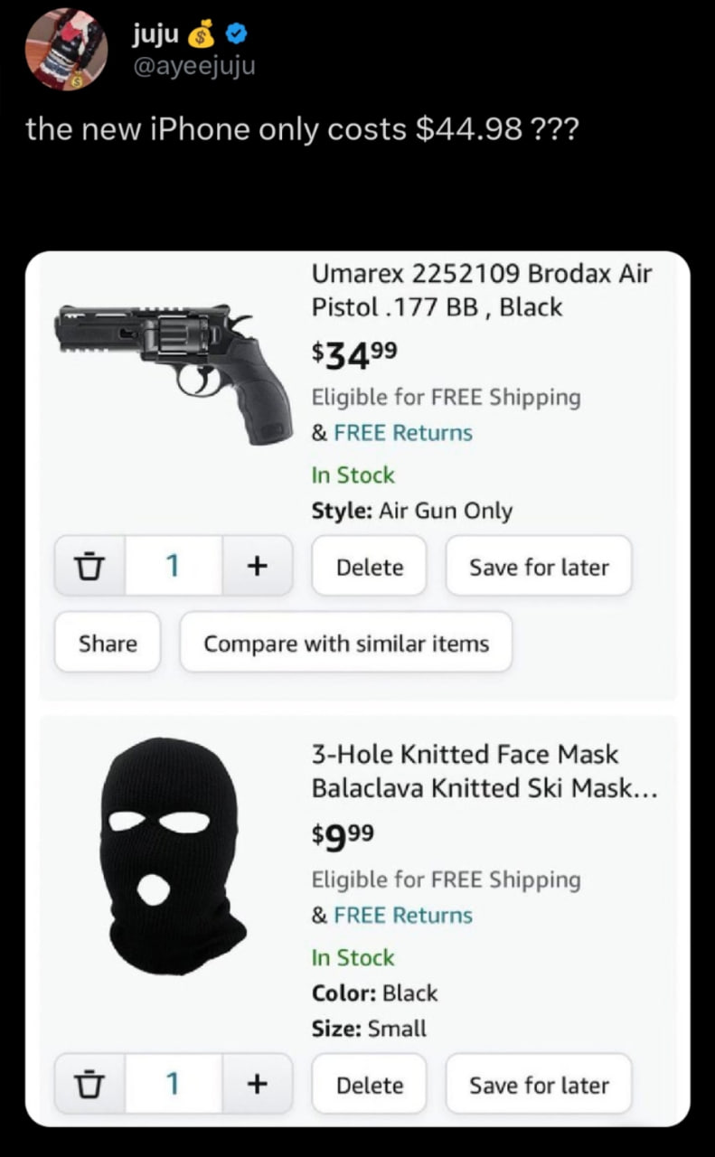 the new iPhone only costs $44.98 Umarex 2252109 Brodax Air Pistol .177 Black $3,499 Eligible for FREE Shipping FREE Returns In Stock Style: Air Gun Only 1 Delete Save for later Share Compare with simi