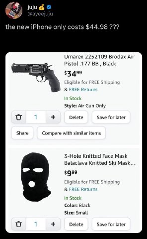 the new iPhone only costs $44.98 Umarex 2252109 Brodax Air Pistol .177 Black $3,499 Eligible for FREE Shipping FREE Returns In Stock Style: Air Gun Only 1 Delete Save for later Share Compare with simi