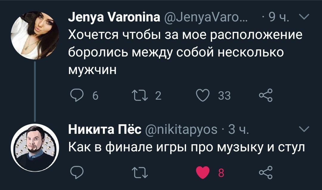 Jenya Varonina @.епуа\аго... Хочется чтобы за мое расположение боролись между собой несколько мужчин 6 Никита Пёс @nikitapyos 3 Как в финале игры про музыку и стул