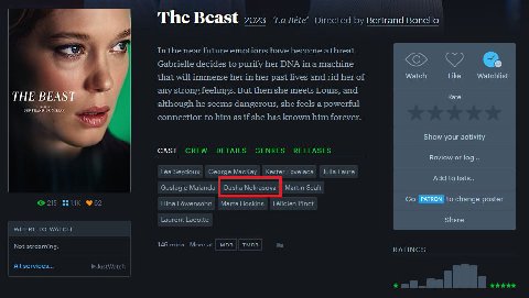 1 The Beast 2023 ‘1a Béte’ Directed Bertrand Bonello 28 In the near future emotions have become a threat. Gabrielle decides to purify her DNA in a machine that will immerse her in her past lives and r