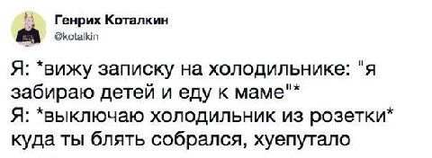 Генрих Коталкин @kotalkin Я: *вижу записку на холодильнике: "A забираю детей и еду к маме"* Я: *выключаю холодильник из розетки* куда ты блять собрался, хуепутало