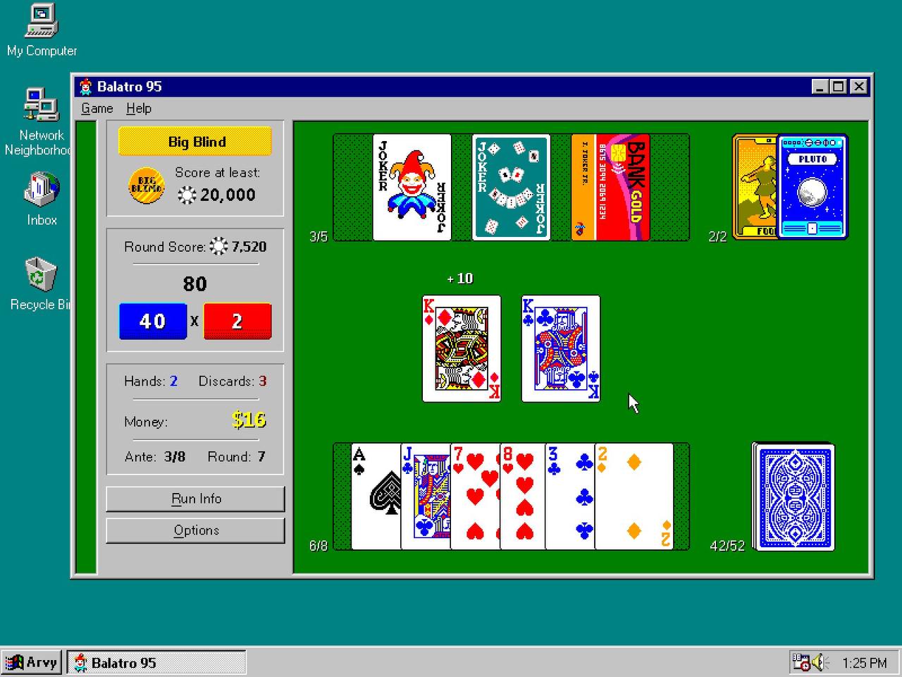 My Computer Game Help Network, Big Blind Score at 20,000 Inbox а Round Sei 3/5 7,520 +10 Recycle Hands: 2 ards: 3 ned Money: Round: 7 Bun Info. я Options 6/8 НЕЙ