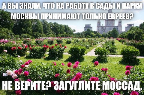 A ВЫ ЗНАЛИ, ЧТО НА РАБОТУ В САДЫ И ПАРКИ МОСКВЫ ПРИНИМАЮТ ЕВРЕЕВЗ a’ Now aN HE BEPATE? ЗАГУГЛИТЕ МОССАД