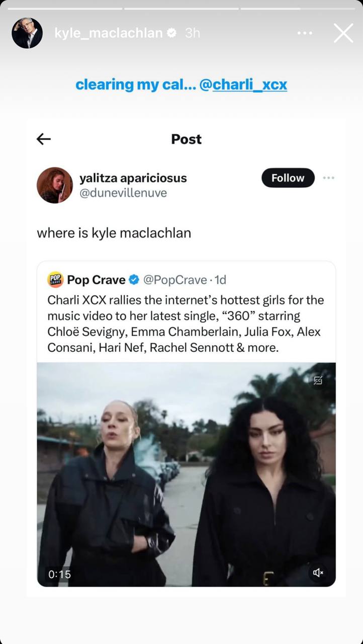 clearing my cal... @charli_xcx Post yalitza apariciosus @dunevillenuve where is kyle maclachlan Pop Crave @PopCrave Charli XCX rallies the internet’s hottest girls for the music video to her latest si