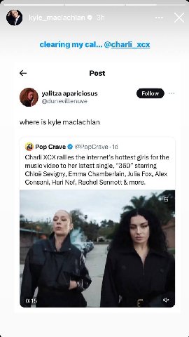 clearing my cal... @charli_xcx Post yalitza apariciosus @dunevillenuve where is kyle maclachlan Pop Crave @PopCrave Charli XCX rallies the internet’s hottest girls for the music video to her latest si