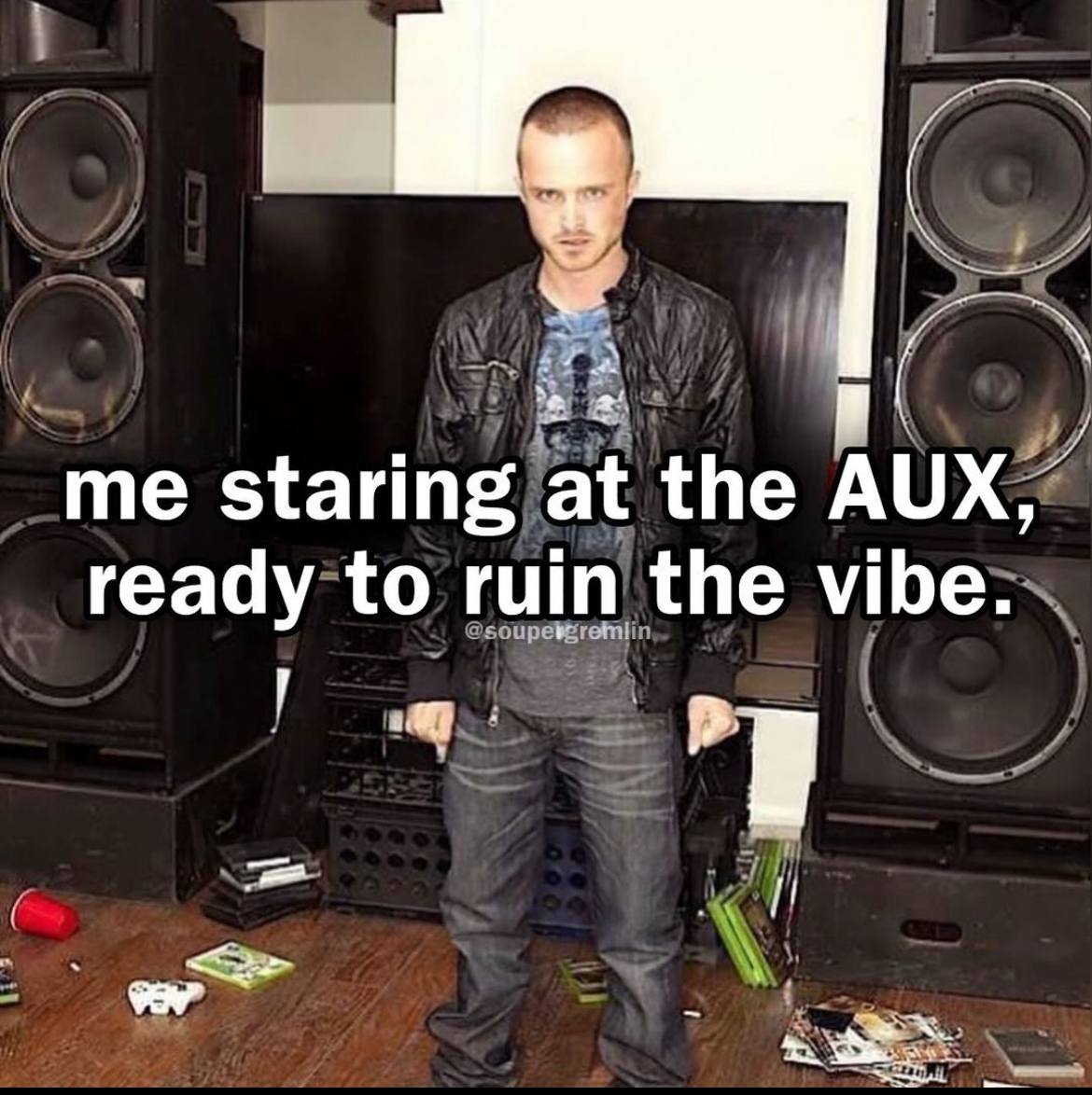 me staring at the AUX, ready to ruin the vibe.