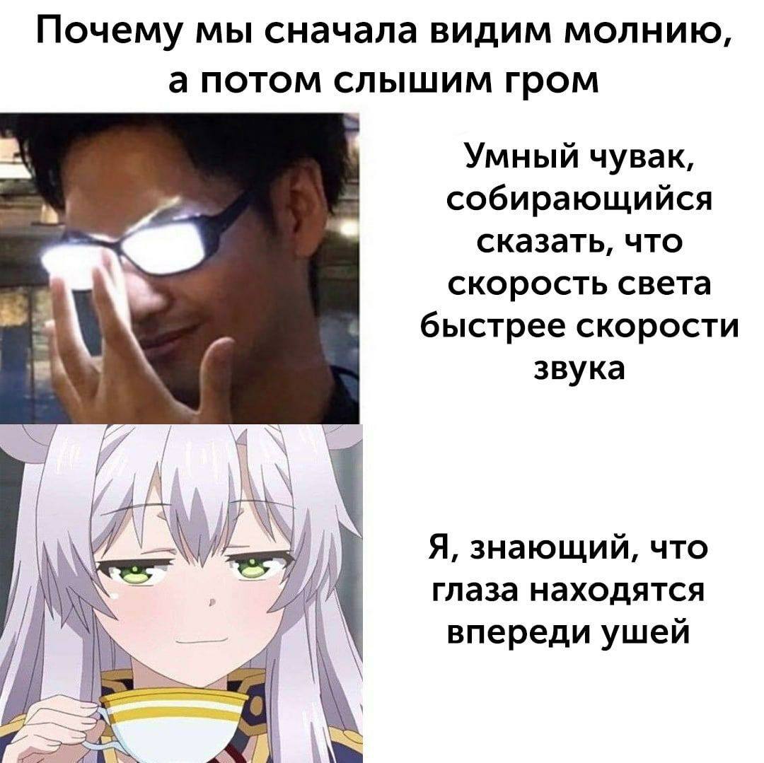 Почему мы сначала видим молнию, а потом слышим гром Умный чувак, собирающийся сказать, что скорость света 4 быстрее скорости 3ByKa Я, знающий, что 4 глаза находятся впереди ушей