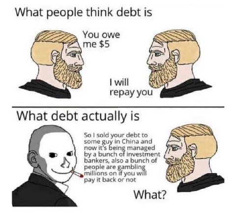 What people think debt is You owe me $5 will repay you What debt actually is some So sold your debt to in China and now it's being managed bankers, also a bunch of a bunch of investment people are gam