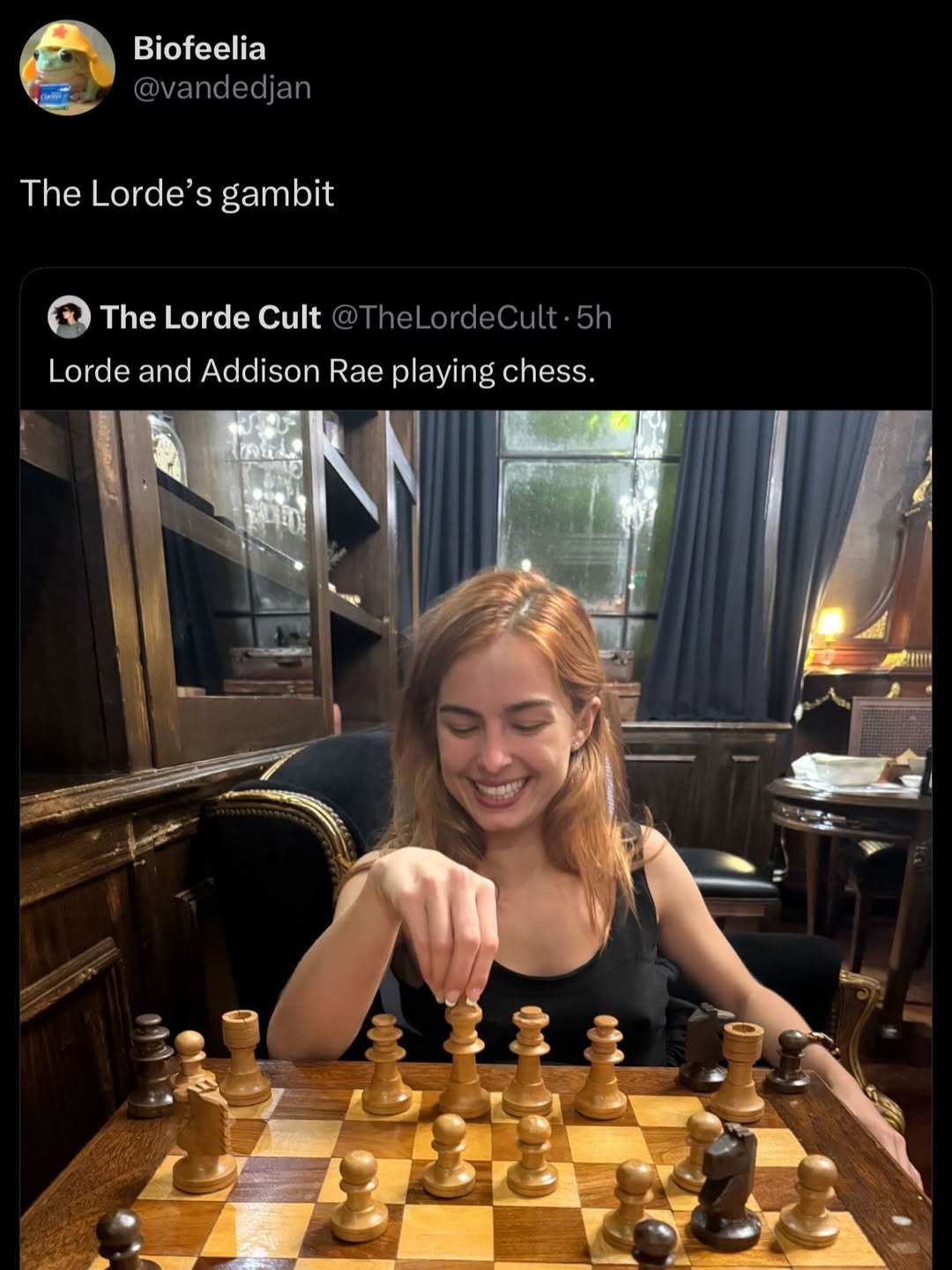 Biofeelia @vandedjan The Lorde’s gambit The Lorde Cult Lorde and Addison Rae playing chess. Par