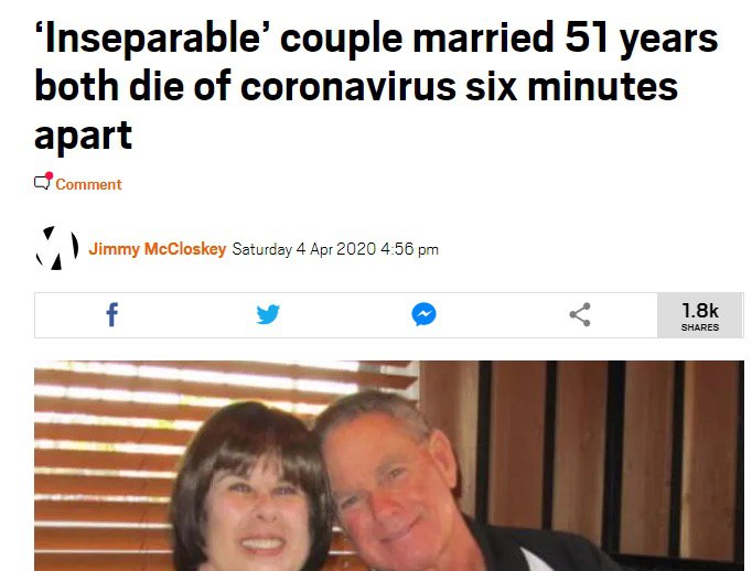 ‘Inseparable’ couple married 51 years both die of coronavirus six minutes apart comment i Jimmy McCloskey Saturday 4 Apr 2020 4:56 у SHARES