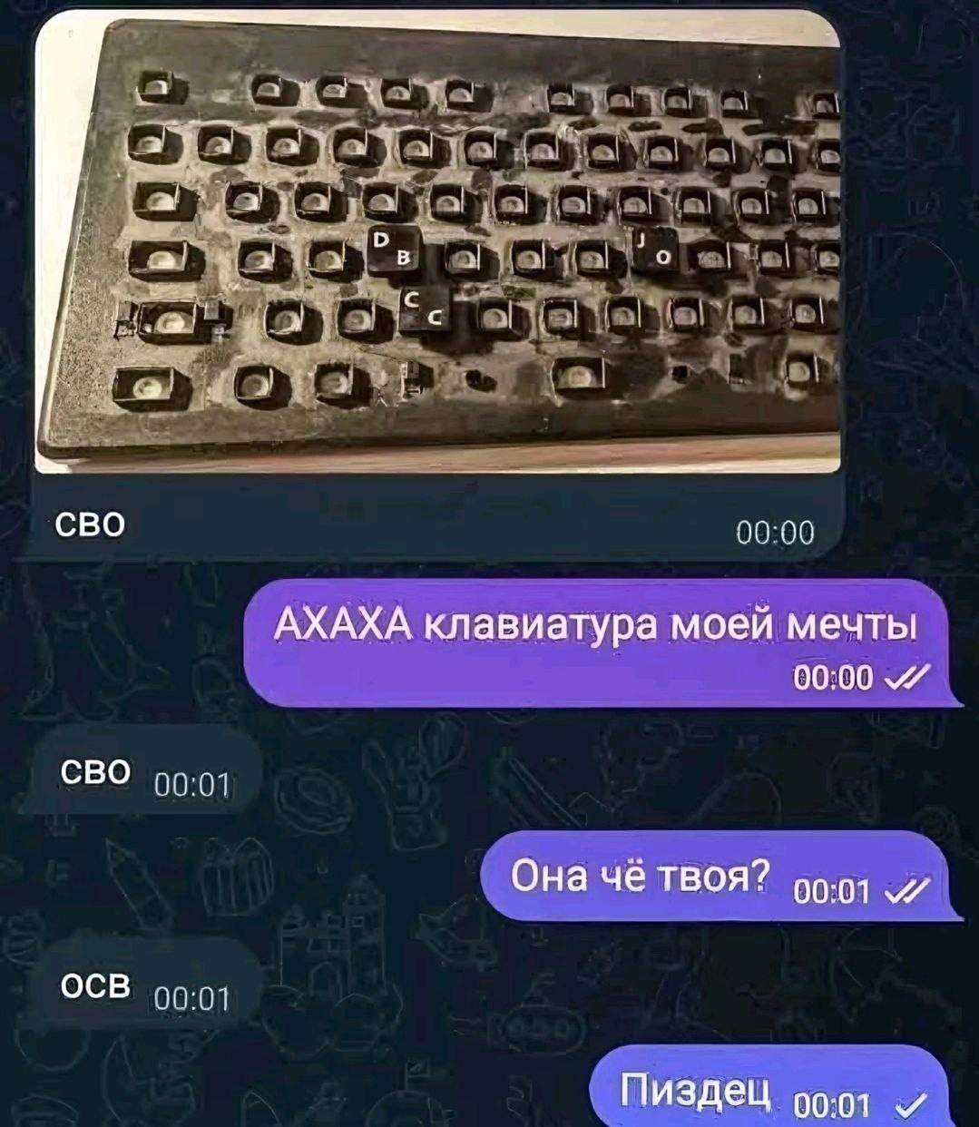 a! В в В с сво 00-00 АХАХА клавиатура моей мечты 00:00 7 СВО Она чё твоя? 90-9) OCB Пиздец 00.01 и
