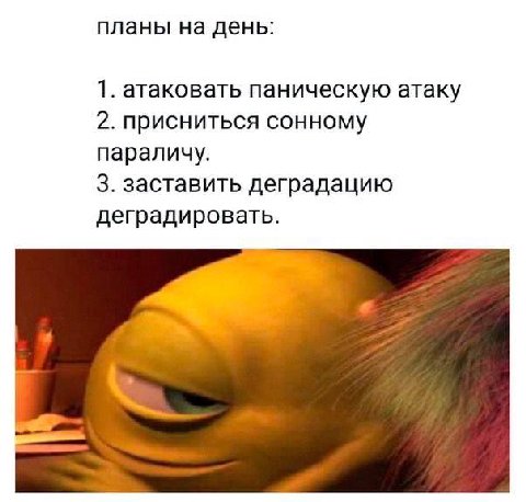 планы на день: 1. атаковать паническую атаку 2. присниться сонному параличу. 3. заставить деградацию деградировать.