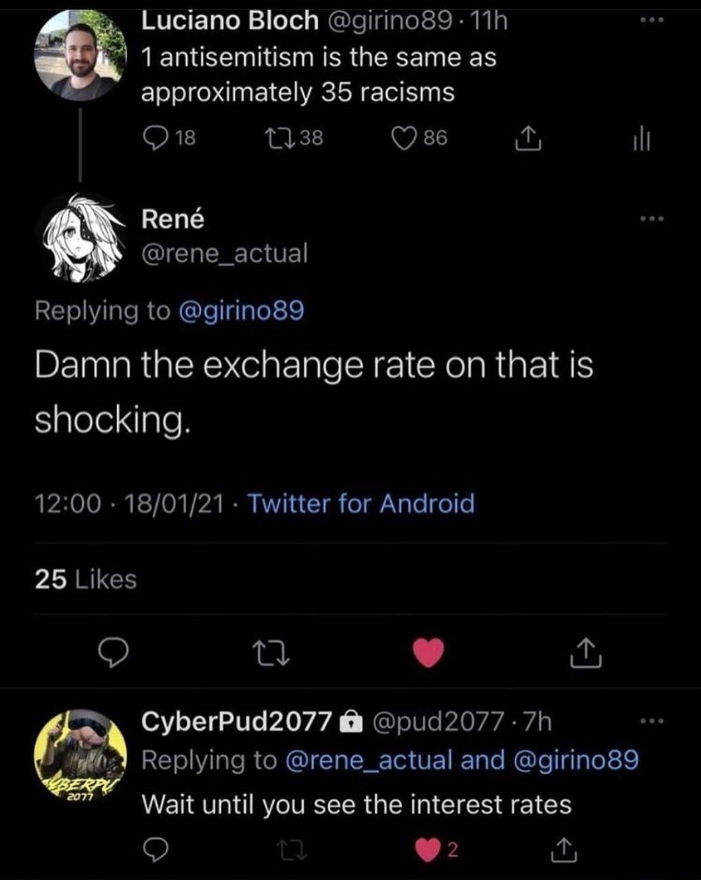 Luciano Bloch 1 antisemitism is the same as 4 approximately 35 racisms René Damn the exchange rate on that is shocking. 25 CyberPud2077 2077 Wait until you see the interest rates
