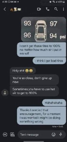 4:36 С 97 94 psi can't get these tires to 100% no matter how much air i put in wtf Holy shit You're so close, don't give up now. Sometimes you have to use hot air to get to 100% Thanks needed that enc