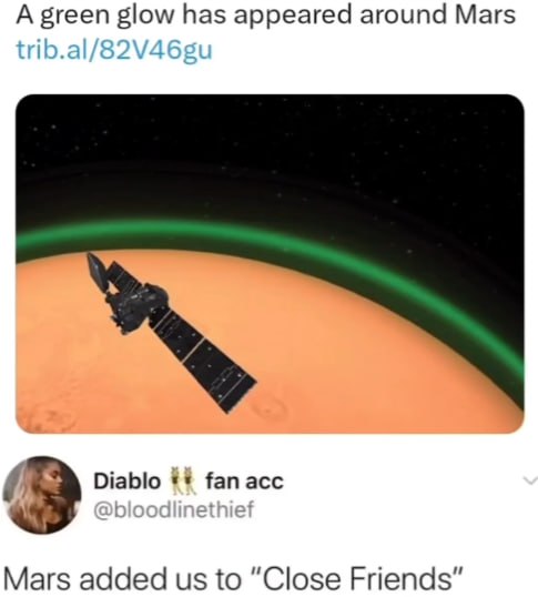 А green glow has appeared around Mars 3 Diablo fan acc Mars added to “Close Friends”