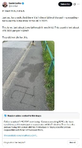 David Collier @mishtal In Trent Park, Enfield. Just out for a walk. And there it is in the middle of the path a swastika because this is the state of the in 2026. This is not just about Jews (although