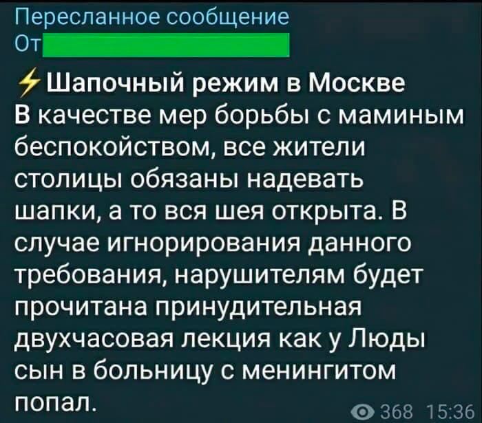 Пересланное сообщение От 4 Шапочный режим в Москве В качестве мер борьбы с маминым беспокойством, все жители столицы обязаны надевать шапки, а то вся шея открыта. В случае игнорирования данного требов
