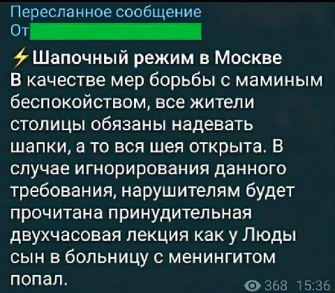 Пересланное сообщение От 4 Шапочный режим в Москве В качестве мер борьбы с маминым беспокойством, все жители столицы обязаны надевать шапки, а то вся шея открыта. В случае игнорирования данного требов