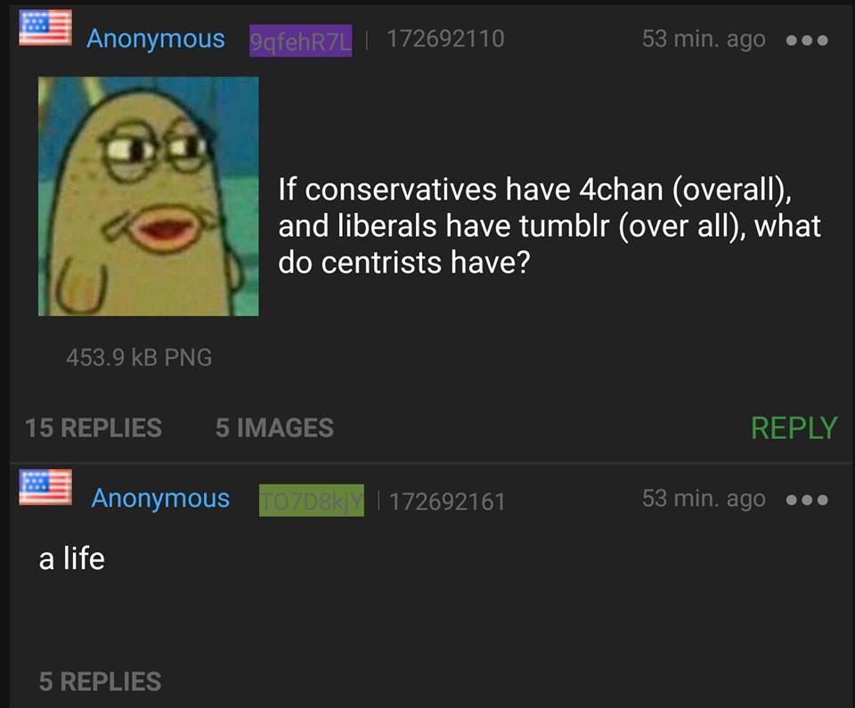 Anonymous QqfehR7L 172692110 53 min. ago eee If conservatives have 4chan (overall), and liberals have tumblr (over all), what centrists have? 453.9 PNG 15REPLIES REPLY Anonymous a life 5 REPLIES