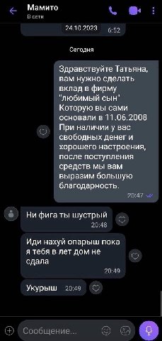 Мамито В сети 24.10.2023 6:52 Сегодня Здравствуйте Татьяна, вам нужно сделать вклад в фирму "любимый сын" Которую вы сами основали в 11.06.2008 При вас свободных денег и хорошего настроения, после пос
