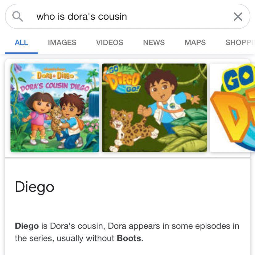 О is dora's cousin ALL IMAGES VIDEOS NEWS MAPS ЗНОРРЕ У. Diego Diego is Dora's cousin, Dora appears in some episodes in the series, usually without Boots.