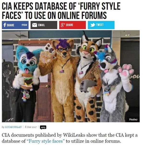 CIA KEEPS DATABASE OF “FURRY STYLE FACES’ ТО USE ON ONLINE FORUMS “4 7 4 Pixabay LUCAS NOLAN 8 405 CIA documents published WikiLeaks show that the CIA kept a database of “Furry style faces” to utilize