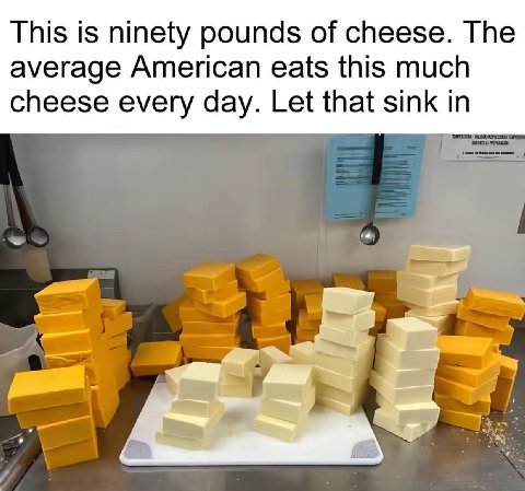 This is ninety pounds of cheese. The average American eats this much cheese every day. Let that sink