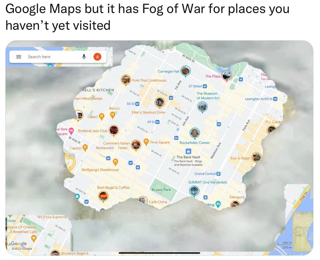 Google Maps but К has Fog of War for places you haven’t yet visited А Me Search here 2 Hall The Рага Pure Thai Cookhouse Too 57 Modern Art Lexington Becco Stardust Diner 9 и. Italian Rockefeller Cente