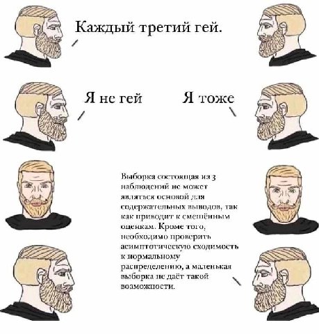 Каждый третий гей. Я не гей Я тоже а к Выборка состоящая из 3 наблюдений не может являться основой для содержательных выводов, так как приводит к смешённым оценкам. Кроме того, необходимо проверить 22