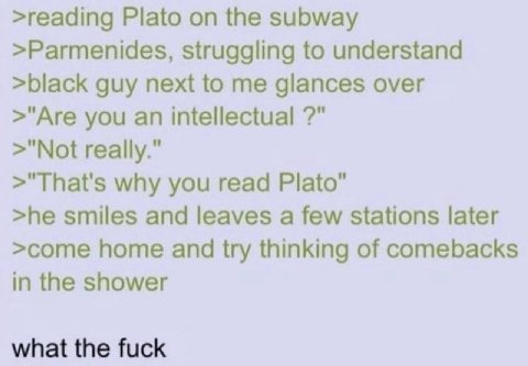 >reading Plato on the subway >Parmenides, struggling to understand >black guy next to me glances over >"Are you an intellectual >"Not really." >"That's why you read Plato" >he smiles and leaves a few 