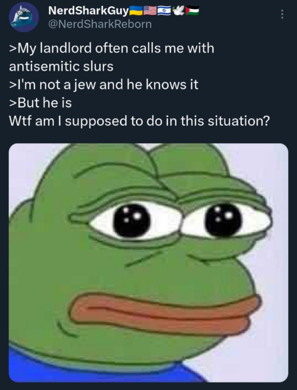 NerdSharkGuy >My landlord often calls me with antisemitic slurs not а and he knows it >But he is Wtf supposed to clo in this situation?