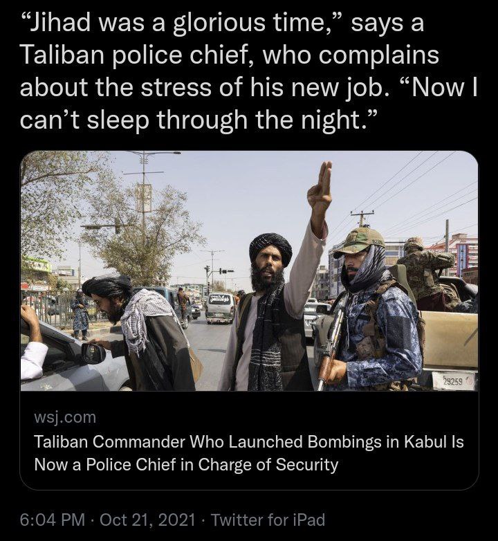 “Jihad was a glorious time,” says а Taliban police chief, who complains about the stress of his new job. “Now can’t sleep through the night.” Taliban Commander Who Launched Bombings in Kabul Is Now a 
