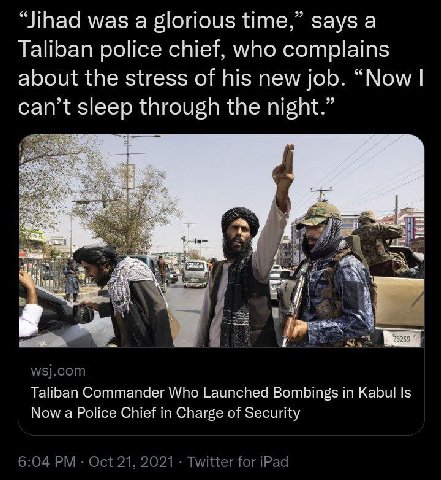“Jihad was a glorious time,” says а Taliban police chief, who complains about the stress of his new job. “Now can’t sleep through the night.” Taliban Commander Who Launched Bombings in Kabul Is Now a 