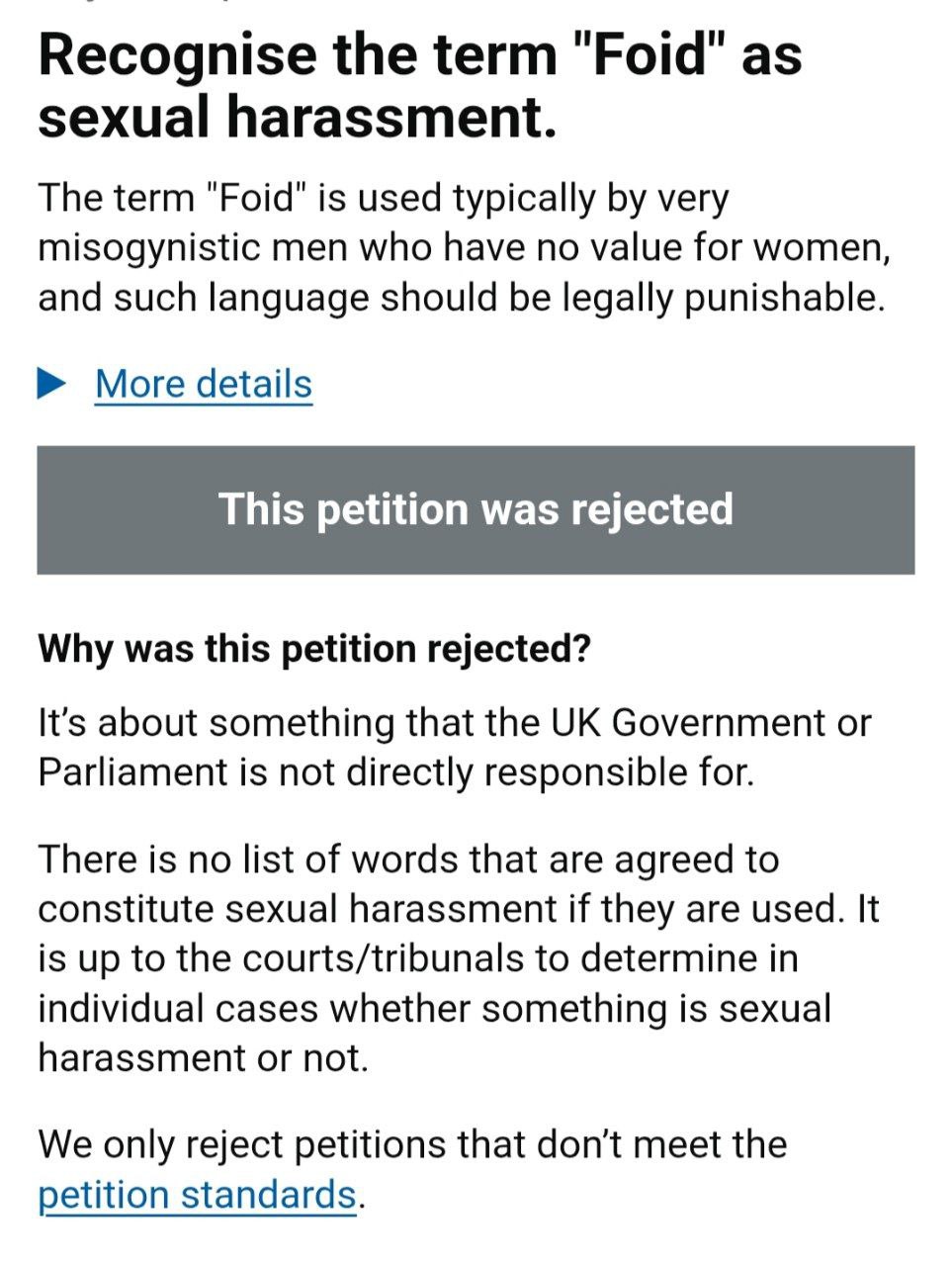 Recognise the term "Foid" as sexual harassment. The term "Foid" is used typically very misogynistic men who have no value for women, and such language should be legally punishable. More details This p