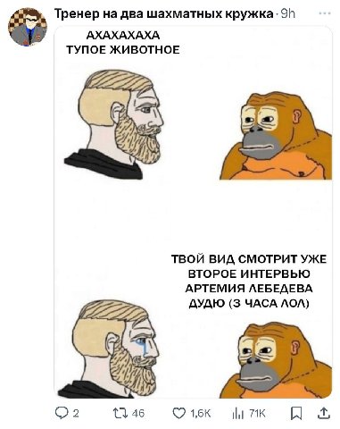 Тренер на два шахматных кружка: АХАХАХАХА ТУПОЕ ЖИВОТНОЕ ТВОЙ ВИД СМОТРИТ УЖЕ ВТОРОЕ ИНТЕРВЬЮ АРТЕМИЯ ЛЕБЕДЕВА ДУДЮ (3 ЧАСА ЛОЛ) a (22 46 1,6к