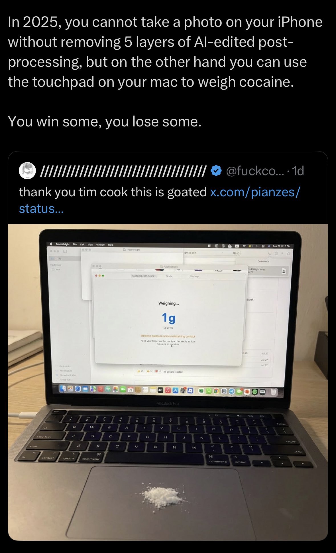 In 2025, you cannot take a photo on your iPhone without removing 5 layers of Al-edited post- processing, but on the other hand you can use the touchpad on your mac to weigh cocaine. You win some, you 