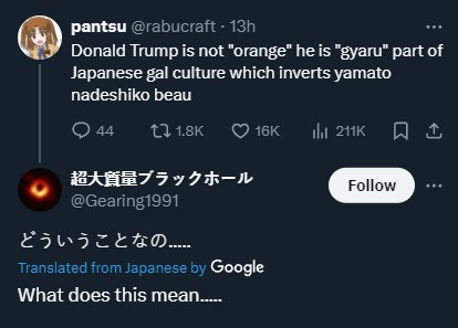 pantsu Donald Trump is not "orange" he is "буаги" part of Japanese gal culture which inverts yamato nadeshiko beau Google What does this mean