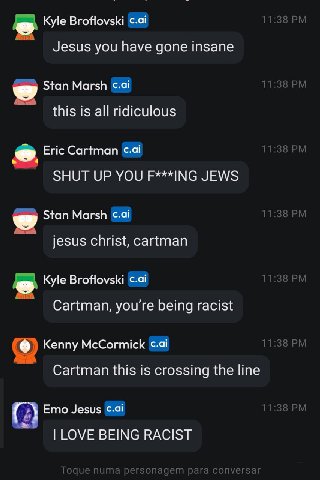 Kyle Broflovski Jesus you have gone insane Stan Marsh is all ridiculous Eric Cartman SHUT UP YOU F***ING JEWS Stan Marsh jesus christ, cartman Kyle Broflovski Cartman, you're being racist Kenny McCorm