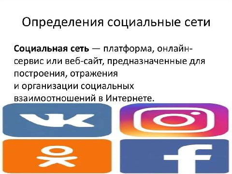Определения социальные сети Социальная сеть платформа, онлайн- сервис или веб-сайт, предназначенные для построения, отражения и организации социальных взаимоотношений в Интернете.