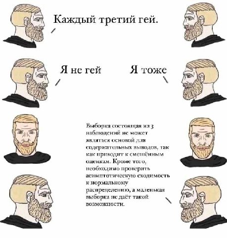 Каждый третий гей. Я не гей Я тоже Выборка состоящая 3 наблюдений не может являться основой для содержательных выводов, так как приводит к смешённым оценкам. Кроме того, необходимо проверить 22 асимпт