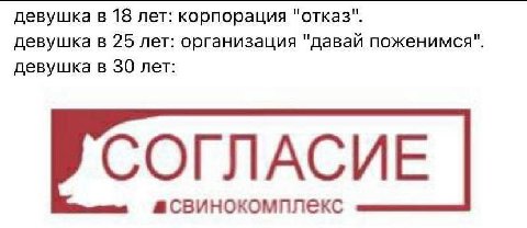 девушка в 18 лет: корпорация "отказ". девушка в 25 лет: организация "давай поженимся" девушка в 30 лет: СОГЛАСИЕ